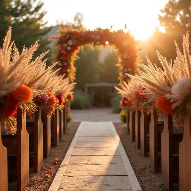Boho chic outdoor wedding ceremony set up
